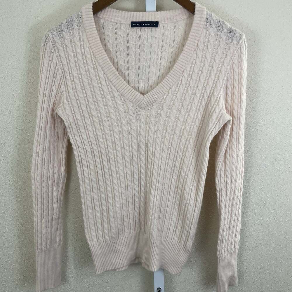 Brandy Melville Alina Sweater Angora Cable Knit V-Neck Light Pink